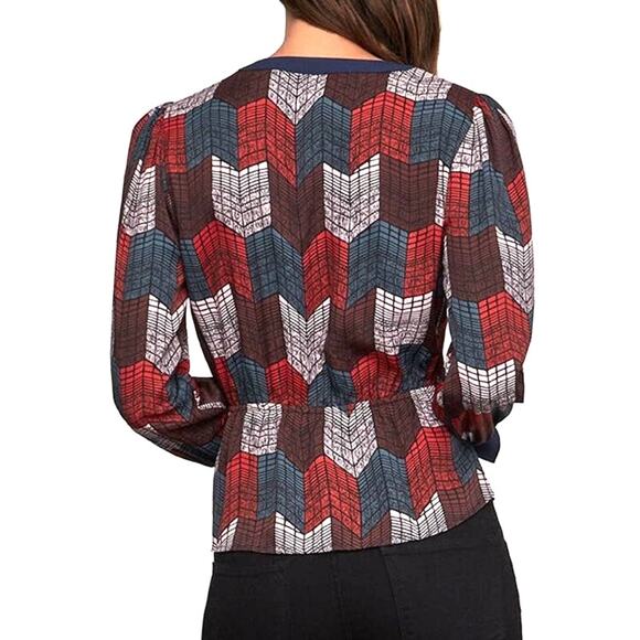 New BCBGMaxAzria XS Silky Wrap Peplum Blouse Top Geo Chevron Print Red Teal L/S - Picture 5 of 13
